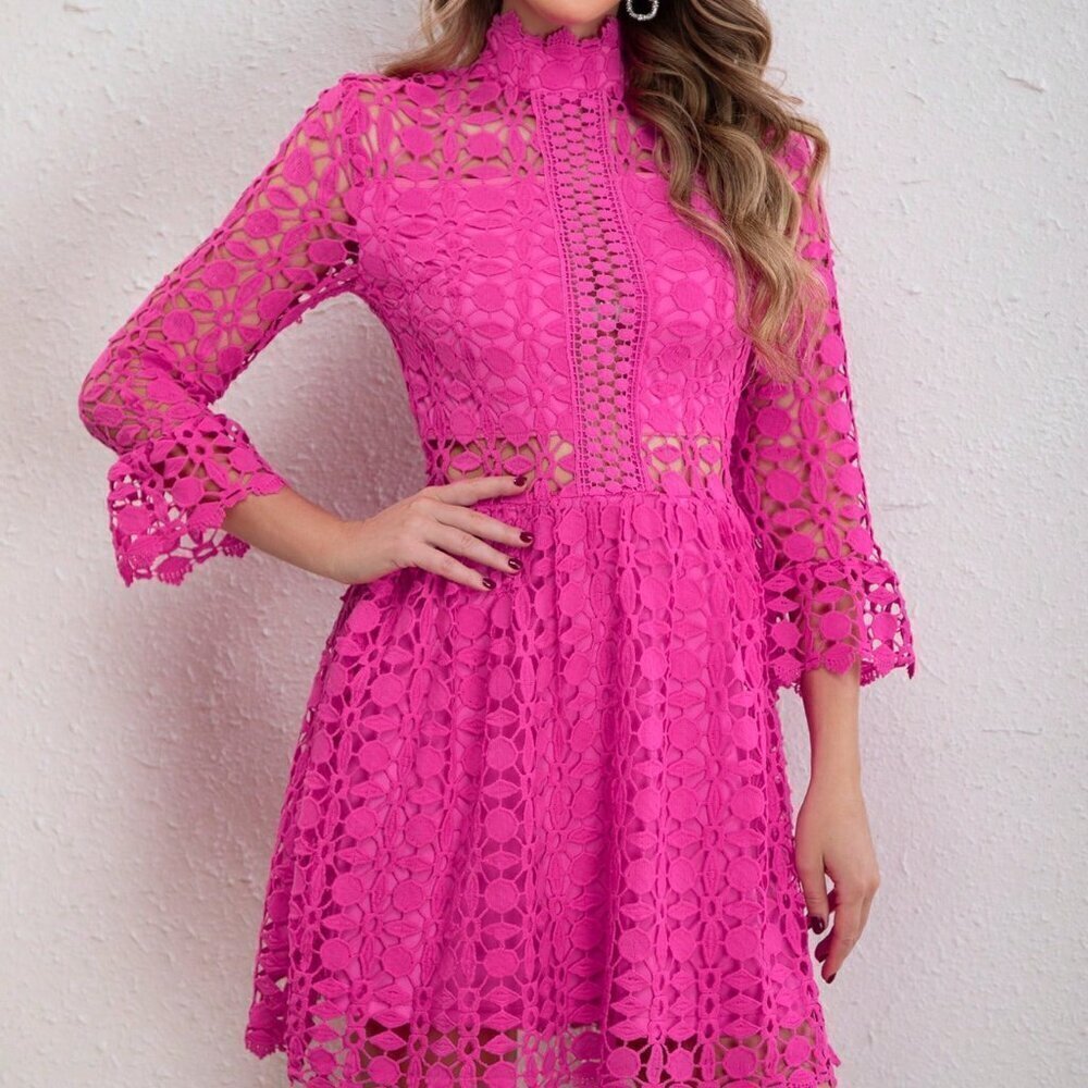 Hot Pink Elegant Women's Long Sleeve Guipure Lace Dress - Picture 5 of 5